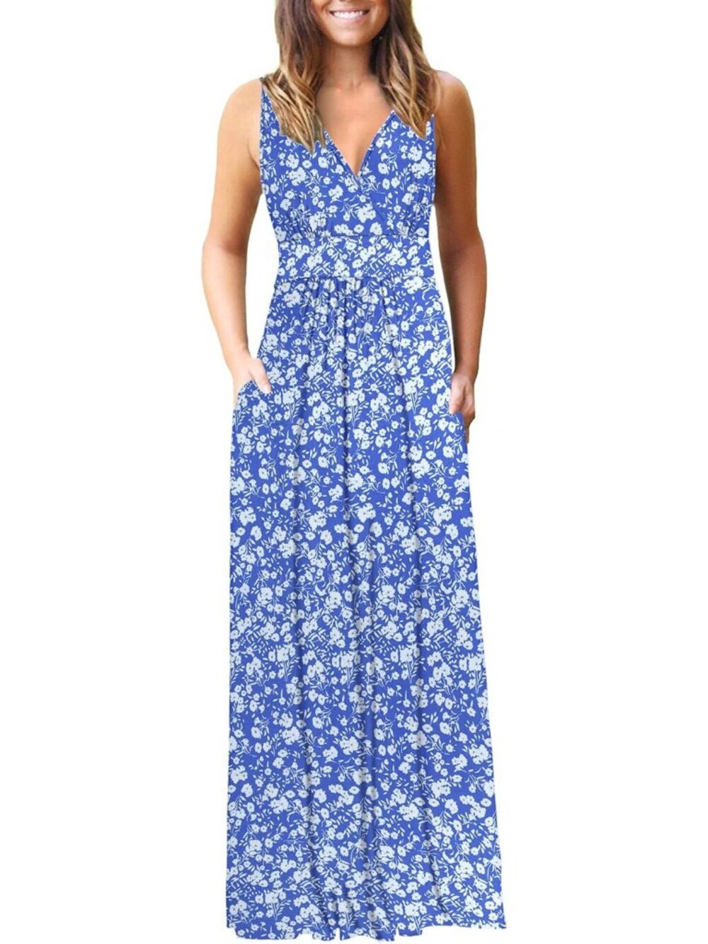 Women's Royal Blue White Sleeveless Formal V Neck Loose Cocktail Long Maxi Dress